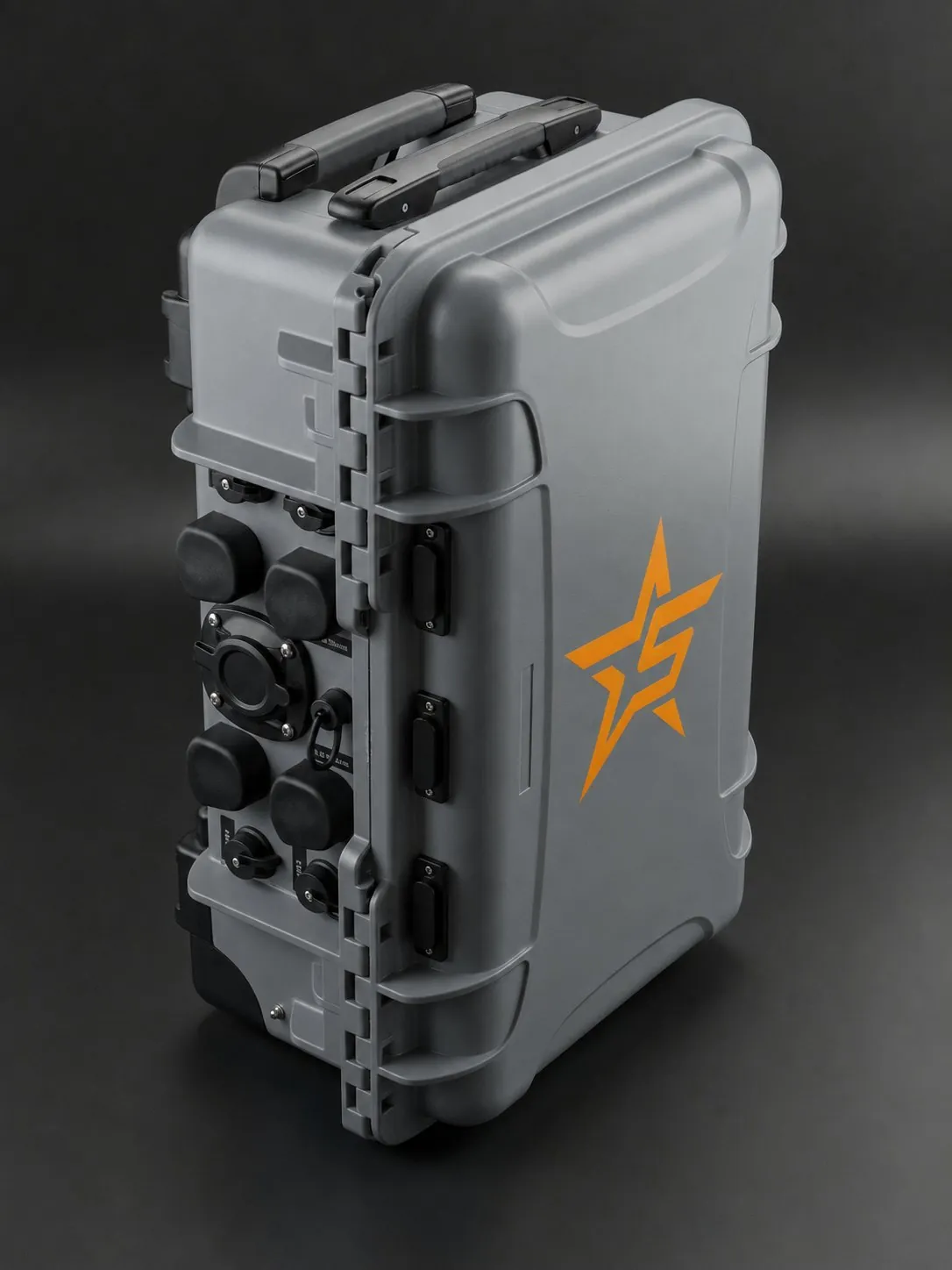 Showfloor Wireless show kit: a grey wheeled flight case with a weatherproof connector panel of capped power and antenna ports, marked with the orange S-star