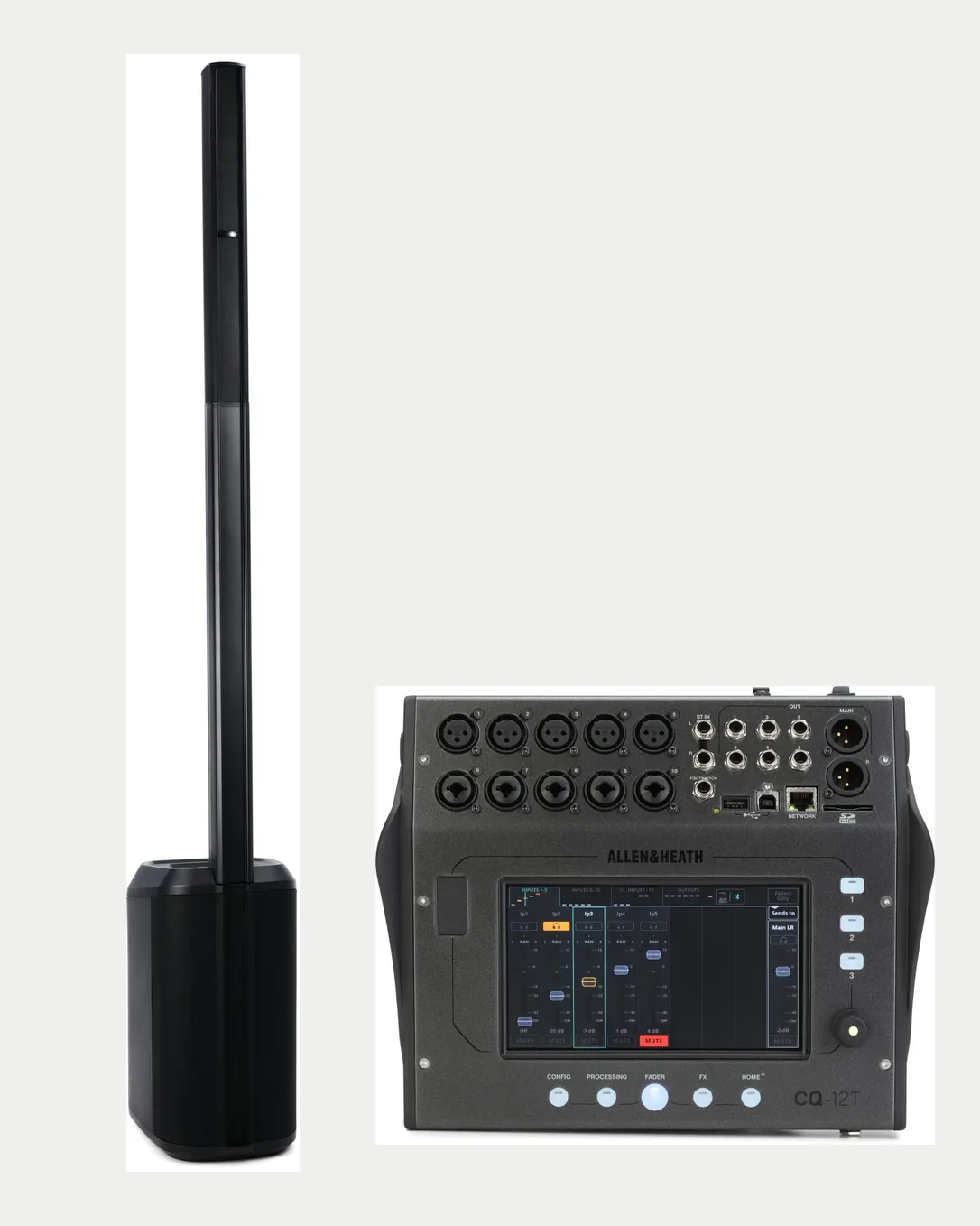 Bose L1 line array speaker tower and Allen and Heath CQ-12T digital mixer